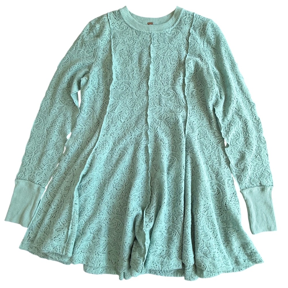 Free People Lace Crochet Mini Dress Womens Small Green Long Sleeve Seam Detail
